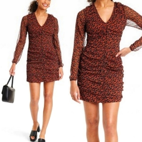 NWT A New Day Long Sleeve Ruched Front Bodycon Dress in Clay/Blk Combo - Picture 1 of 10